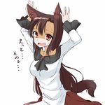  animal_ears arms_up breasts brooch brown_hair commentary_request d: dress imaizumi_kagerou jewelry kitsunetsu_(rcu_be1s) long_hair long_sleeves medium_breasts open_mouth red_eyes shaded_face solo sweat tail touhou very_long_hair white_background wolf_ears wolf_tail 