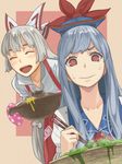  @_@ bad_food bad_id bad_pixiv_id blouse blush bow chopsticks collarbone collared_shirt eyebrows fujiwara_no_mokou grey_hair hair_bow hat heart heart_print kamishirasawa_keine long_hair multiple_girls open_mouth oven_mitts p_no_hito pot shirt silver_hair smile steam suspenders sweatdrop touhou very_long_hair 