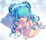  ;p all_fours aqua_eyes aqua_hair bare_shoulders barefoot bikini blue_eyes blush breasts dev downblouse from_above front-tie_top full_body hair_ornament hatsune_miku headphones highres long_hair looking_at_viewer medium_breasts nail_polish one_eye_closed open_mouth revision shiny shiny_skin side-tie_bikini simple_background sitting smile solo strap_gap striped striped_bikini swimsuit tongue tongue_out twintails very_long_hair vocaloid wariza 