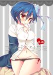  black_panties blazer blue_hair blush bow breasts cleavage_cutout cover cover_page covered_nipples doujin_cover hair_bow hair_ribbon heart impossible_clothes impossible_shirt jacket kanji large_breasts midriff mole mole_under_eye navel nisekoi panties perky_breasts red_eyes ribbon shirt short_hair solo striped striped_background tsugumi_seishirou underwear vertical-striped_background vertical_stripes white_shirt 