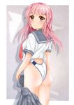  ass competition_swimsuit from_behind mashinatsu one-piece_swimsuit original pink_hair red_eyes school_uniform serafuku solo swimsuit swimsuit_under_clothes undressing wedgie 