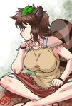  animal_ears armpit_crease bare_arms bare_legs breasts brown_eyes brown_hair brown_skirt buntaichou chin_rest collarbone full_body futatsuiwa_mamizou glasses knees large_breasts leaf leaf_on_head looking_afar looking_away nose pince-nez profile raccoon_ears raccoon_tail sandals sitting skirt sleeveless smirk solo tail tank_top tanuki touhou wristband 