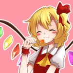 :t ^_^ ascot blonde_hair blouse blush_stickers closed_eyes eating flandre_scarlet food fork fruit hair_ribbon holding kameyan melon outline pink_background ribbon short_hair simple_background smile solo touhou upper_body vest wings wrist_cuffs 