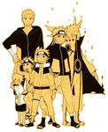  age_progression alternate_form artist_request goggles headband hood hoodie long_coat looking_at_viewer monochrome multiple_persona naruto sandals short_hair simple_background solo track_suit tracksuit uzumaki_naruto uzumaki_naruto_(kyuubi_chakra_mode) whiskers white_background wink younger 