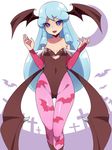  animal_print bad_id bad_twitter_id bare_shoulders bat_print blue_eyes blue_hair blush breasts cleavage cosplay eyelashes happinesscharge_precure! happy head_wings hosshiwa jpeg_artifacts light_blue_hair long_hair looking_at_viewer mogiki_hayami morrigan_aensland morrigan_aensland_(cosplay) open_mouth pantyhose precure print_legwear small_breasts smile solo vampire_(game) wings 