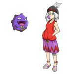  alternate_costume anklet bad_id bad_pixiv_id bubble_blowing chewing_gum fangs gen_1_pokemon grey_eyes gym_leader hands_in_pockets homika_(pokemon) jewelry koffing pokemon pokemon_(creature) pokemon_(game) pokemon_bw sandals shirt short_hair sleeveless sleeveless_shirt smile white_hair 