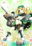  atelier_(series) atelier_shallie black_bloomers blonde_hair bloomers bow capelet dia_(saotoko) expressionless fighting_stance flower full_body gloves green_eyes green_skirt hair_bow long_hair miruca_crotze pile_bunker shoes skirt solo underwear 