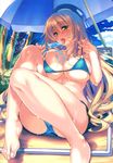  absurdres aqua_bikini aqua_eyes atago_(kantai_collection) barefoot beach beach_umbrella beret bikini blonde_hair blush breast_press breasts chair food food_on_body hair_between_eyes hat highres huge_filesize kantai_collection knees_up large_breasts licking long_hair looking_at_viewer palm_tree piromizu popsicle popsicle_stick saliva saliva_trail sexually_suggestive sitting solo strap_lift swimsuit tongue tongue_out tree umbrella very_long_hair wet 