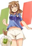  2014_fifa_world_cup :d animal_ears ball blush brown_eyes brown_hair fernandia_malvezzi flag fox_ears from_above glastonbury1966 italian_flag italy long_hair looking_at_viewer navel open_mouth shirt short_sleeves shorts smile soccer soccer_ball soccer_uniform solo sportswear strike_witches world_cup world_witches_series 