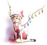  ascot blonde_hair bow dress flandre_scarlet hat hat_bow lauqe mob_cap open_mouth puffy_short_sleeves puffy_sleeves red_dress red_eyes sash shirt short_sleeves side_ponytail sitting solo touhou wariza wings 