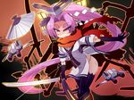  amagaeru_(hylathewet) dress elbow_gloves eyebrows fan folding_fan gloves hair_intakes hair_ornament hair_ribbon hatsuharu_(kantai_collection) highres kantai_collection katana long_hair ponytail purple_eyes purple_hair ribbon sailor_dress short_eyebrows solo sword thighhighs very_long_hair weapon 