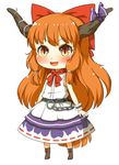  belt blush bow chain chibi fang hair_bow hair_down highres horn_ribbon horns ibuki_suika long_hair looking_at_viewer nishiuri open_mouth orange_eyes orange_hair pointy_ears ribbon shirt simple_background skirt sleeveless sleeveless_shirt slit_pupils smile solo touhou white_background wrist_cuffs 