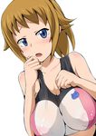  bare_shoulders blue_eyes breasts brown_hair covered_nipples gundam gundam_build_fighters gundam_build_fighters_try hoshino_fumina impossible_clothes large_breasts looking_at_viewer solo sports_bra varios 