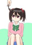  bad_id bad_pixiv_id black_hair bow crossed_arms danpaca frown hair_pull love_live! love_live!_school_idol_project red_eyes short_hair short_twintails solo_focus twintails yazawa_nico 