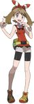  1girl :d bike_shorts blue_eyes bow brown_hair fanny_pack full_body hair_bow hair_ribbon haruka_(pokemon) haruka_(pokemon)_(remake) highres holding holding_poke_ball looking_at_viewer official_art open_mouth poke_ball pokemon pokemon_(game) pokemon_oras ribbon shirt short_shorts shorts sleeveless sleeveless_shirt small_breasts smile solo standing sugimori_ken transparent_background wristband 