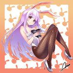  alternate_costume animal_ears bare_shoulders between_breasts blush breasts bunny bunny_ears bunny_girl bunny_tail bunnysuit cleavage fishnet_pantyhose fishnets high_heels kyon_(fuuran) large_breasts leotard long_hair looking_at_viewer pantyhose purple_hair red_eyes reisen_udongein_inaba revision signature smile solo tail thighs touhou 