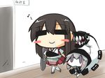  akagi_(kantai_collection) black_eyes blush_stickers brown_hair chibi commentary drooling eighth_note goma_(gomasamune) hood hoodie japanese_clothes kantai_collection long_hair multiple_girls muneate musical_note pleated_skirt purple_eyes re-class_battleship red_skirt shinkaisei-kan silver_hair sketch skirt tail translated walking 