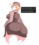  ass blonde_hair blue_eyes blush breasts curvy earrings elevator_lady english flying_sweatdrops huge_ass jewelry large_breasts mother_(game) mother_2 pantylines short_hair simple_background skirt solo theycallhimcake thick_thighs thighs white_background wide_hips 