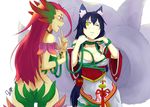  2girls ahri animal_ears bare_shoulders bdsm bondage bound braid breasts cleavage clenched_teeth crotch_rope detached_sleeves fox_ears fox_girl fox_tail from_behind kuropeach long_hair miniskirt multiple_girls multiple_tails no_panties plant plant_girl red_clothes red_hair single_braid skirt tail teeth tentacle very_long_hair vines wince zyra 