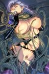  1girl areolae breasts censored cum cum_in_mouth cum_in_pussy elf homare_(fool&#039;s_art) homare_(fool's_art) huge_breasts long_hair navel nipples oral original pointy_ears pubic_hair puffy_nipples purple_eyes purple_hair pussy rape solo tentacle thick_thighs thighs wide_hips 