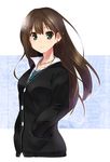  bad_id bad_pixiv_id blazer blue_eyes brown_hair collarbone cowboy_shot cropped_legs earrings hands_in_pockets highres idolmaster idolmaster_cinderella_girls jacket jewelry long_hair long_sleeves necklace necktie paopao pendant shibuya_rin simple_background smile standing white_background 