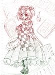  apron bell book checkered colored_pencil_(medium) hair_bell hair_ornament monochrome motoori_kosuzu myouga_teien short_hair sketch smile solo touhou traditional_media two_side_up wide_sleeves 