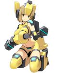  armor armored_boots bike_shorts blush boots breasts brown_eyes brown_hair cosmic_break hand_on_own_chest headgear kneeling large_breasts looking_at_viewer midriff navel official_art rei_(cosmic_break) short_hair skin_tight smile solo wakaba 