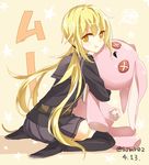  :t blonde_hair kantai_collection long_hair long_sleeves pout satsuki_(kantai_collection) shijima_(sjmr02) solo star stuffed_animal stuffed_bunny stuffed_toy tears twintails uniform yellow_eyes 