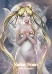 2013 artist_name bishoujo_senshi_sailor_moon blonde_hair blue_eyes copyright_name crescent dated double_bun dress earrings facial_mark forehead_mark hands_clasped jewelry long_hair neo_queen_serenity own_hands_together realistic solo strapless strapless_dress tsukino_usagi twintails white_dress yamkom 