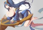  bare_shoulders blue_eyes blue_hair bow breasts cleavage detached_sleeves dress from_side hair_bow huge_breasts instrument league_of_legends long_hair looking_at_viewer low_neckline off_shoulder pandea_work short_dress side_slit smile solo sona_buvelle twintails very_long_hair 