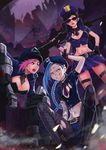  anger_vein angry behind_back belt bikini black_hair blue_hair breasts buckle caitlyn_(league_of_legends) cleavage grin gun hand_on_hip highres huge_weapon jacket jinx_(league_of_legends) large_breasts league_of_legends looking_at_viewer micro_bikini midriff multiple_girls navel necktie officer_caitlyn officer_vi open_clothes open_jacket pink_hair pleated_skirt police police_uniform rifle short_sleeves sitting skirt smile sniper_rifle standing swimsuit tattoo teeth unbuttoned uniform vi_(league_of_legends) weapon 