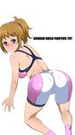  1girl all_fours artist_request ass bike_shorts blue_eyes blush breasts brown_hair female from_behind gundam gundam_build_fighters gundam_build_fighters_try hoshino_fumina long_hair looking_at_viewer looking_back pantylines ponytail sideboob smile solo sports_bra tonotyama 