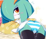  ass bed_sheet blush embarrassed female kirlia looking_at_viewer looking_back mizone panties pillow pokemon redraw shiny solo striped striped_panties sweat thighhighs trefoil underwear 