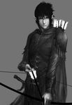  1boy armor arrow_(weapon) bow_(weapon) elf fiftyoff greyscale looking_at_viewer male male_focus monochrome naruto pointy_ears solo standing uchiha_sasuke weapon 