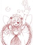  arm_up bow colored_pencil_(medium) crescent_moon dress hair_bow hat monochrome moon myouga_teien one_eye_closed open_mouth ribbon short_hair sketch smile solo star sun sunny_milk touhou traditional_media twintails wings 
