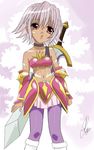  .hack//tasogare_no_udewa_densetsu 1girl commentary dark_skin english_commentary kunisaki_rena lasaro_(lina) midriff pantyhose purple_eyes purple_hair short_hair signature solo sword weapon 