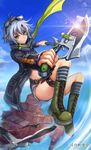  bird boat boots cj_man copyright_name dagger day eiyuu_densetsu expressionless fie_claussell full_body goggles goggles_on_head green_eyes highres holding holding_dagger holding_weapon jacket midriff scarf sen_no_kiseki sen_no_kiseki_2 short_hair shorts sky solo watercraft weapon white_hair 