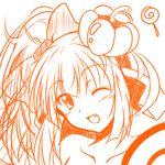  artist_request bow bowtie candy cosmic_break fang food hair_bow hat looking_at_viewer monochrome nude one_eye_closed pepo_pucchi ponytail pumpkin_hat sketch smile solo 