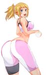  1girl artist_request ass bare_shoulders bike_shorts blonde_hair blue_eyes breasts from_behind gundam gundam_build_fighters gundam_build_fighters_try hoshino_fumina large_breasts long_hair looking_at_viewer looking_back open_mouth ponytail scrunchie shiny shiny_clothes shiny_skin sideboob smile solo sports_bra thigh_strap 