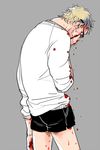  blonde_hair blood blood_on_face bloody_clothes cowboy_shot grey_background haikyuu!! hand_on_own_face looking_at_viewer male_focus nosebleed shorts simple_background sketch solo standing tsukishima_kei zkakq 