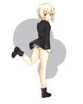  a9b_(louis814) ankle_boots ass black_footwear blush bob_cut boots bottomless erica_hartmann flat_ass from_behind full_body green_panties grin highres jacket leg_up long_sleeves looking_at_viewer looking_back military military_uniform panties short_hair simple_background smile solo strike_witches underwear uniform white_background world_witches_series 