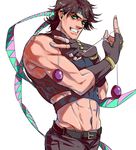  bola_(weapon) brown_hair fingerless_gloves gloves green_eyes grin headband idachi jojo_no_kimyou_na_bouken joseph_joestar_(young) male_focus midriff scarf smile solo 