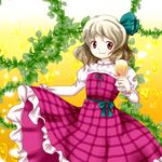  alcohol beer beerko blonde_hair bow brown_eyes dress glass hair_ribbon highres leaf looking_at_viewer myouga_teien oota_jun'ya_(style) original plaid ribbon short_hair skirt smile solo 