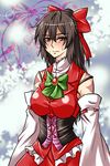  alternate_costume bare_shoulders black_hair blush bow breasts brown_eyes commentary_request corset detached_sleeves gem hair_bow highres large_breasts long_hair m.u.g.e.n nontraditional_miko original samuimu scar sendai_hakurei_no_miko skirt skirt_set slender_waist solo sweatdrop touhou 