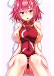  bandages blush breasts bun_cover chinese_clothes double_bun ebi_193 flower ibaraki_kasen inverted_nipples large_breasts naked_tabard nipples open_mouth pink_eyes pink_hair pussy rose short_hair sitting solo tabard touhou uncensored 