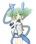  adapted_costume c.s. cosmic_break detached_sleeves fang green_eyes green_hair hair_ornament hair_ribbon hairclip midriff navel ribbon sakura_tsuki skirt smile solo twintails v 