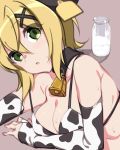  1girl akatsuki_kirika animal_ears animal_print bell bikini blonde_hair blush breasts cow_bell cow_ears cow_horns cow_print elbow_gloves eyebrows_visible_through_hair gloves green_eyes horns kuro_mushi looking_at_viewer medium_breasts milk senki_zesshou_symphogear shiny shiny_hair shiny_skin simple_background solo sweat swimsuit upper_body 