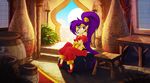  1girl blue_eyes earrings genie jewelry official_art pointy_ears purple_hair shantae shantae_(character) solo wayforward 