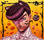  animal_ears bat blue_eyes candy cat_ears facial_mark fangs food halloween heart heart-shaped_pupils higashikata_jousuke jack-o'-lantern jojo_no_kimyou_na_bouken lollipop male_focus mummy pompadour purple_hair smskt_25 solo stitches symbol-shaped_pupils 