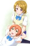  blue_ribbon brown_hair dress_shirt green_eyes hands_on_shoulders hoshizora_rin kneehighs koizumi_hanayo lap_pillow love_live! love_live!_school_idol_project mohya multiple_girls orange_hair otonokizaka_school_uniform plaid plaid_skirt purple_eyes ribbon school_uniform shirt short_hair skirt socks sweater_vest white_shirt 